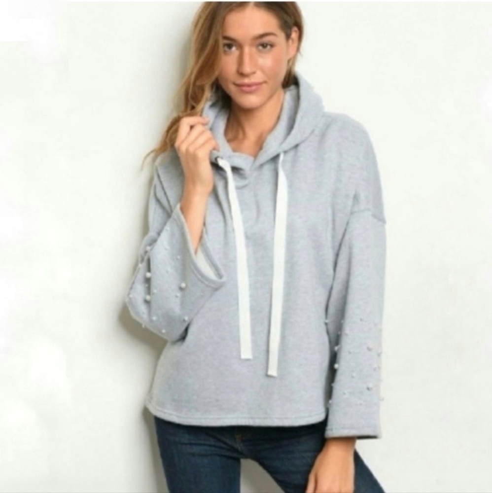 Hooded Sweatshirt Faux Pearl Embllishef Bell Sleeves Gray Plush Cuddly